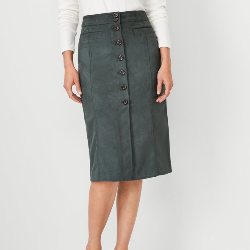 2P Ann Taylor Petite Faux Suede Green Midi Skirt